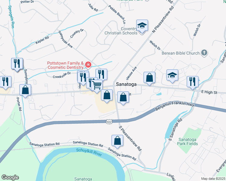 map of restaurants, bars, coffee shops, grocery stores, and more near 17 South Pleasantview Road in Pottstown