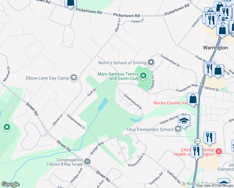 map of restaurants, bars, coffee shops, grocery stores, and more near 2426 Greensward North in Warrington