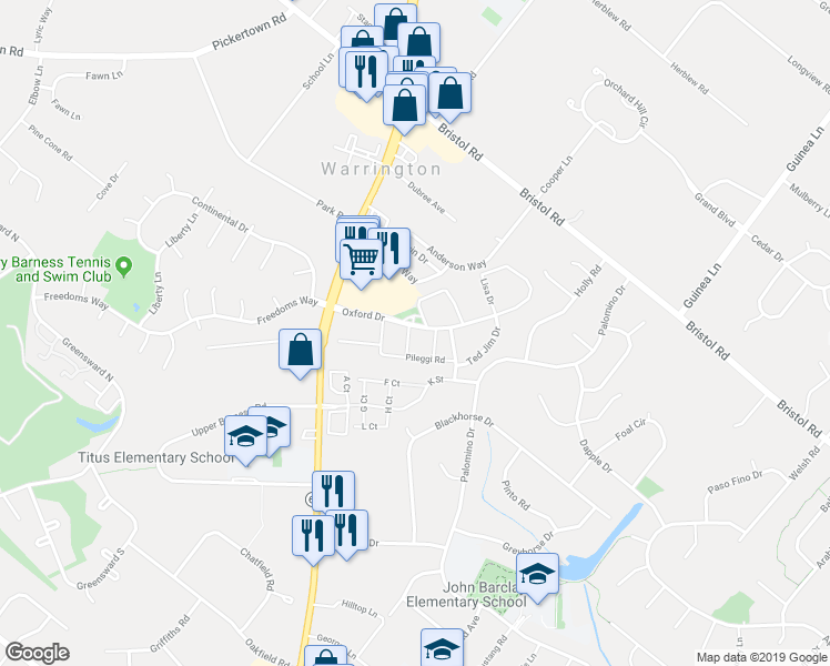 map of restaurants, bars, coffee shops, grocery stores, and more near 1113 Vincent Road in Warrington