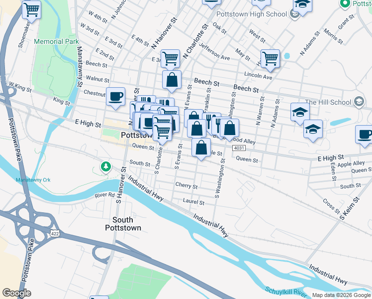 map of restaurants, bars, coffee shops, grocery stores, and more near 364 East High Street in Pottstown