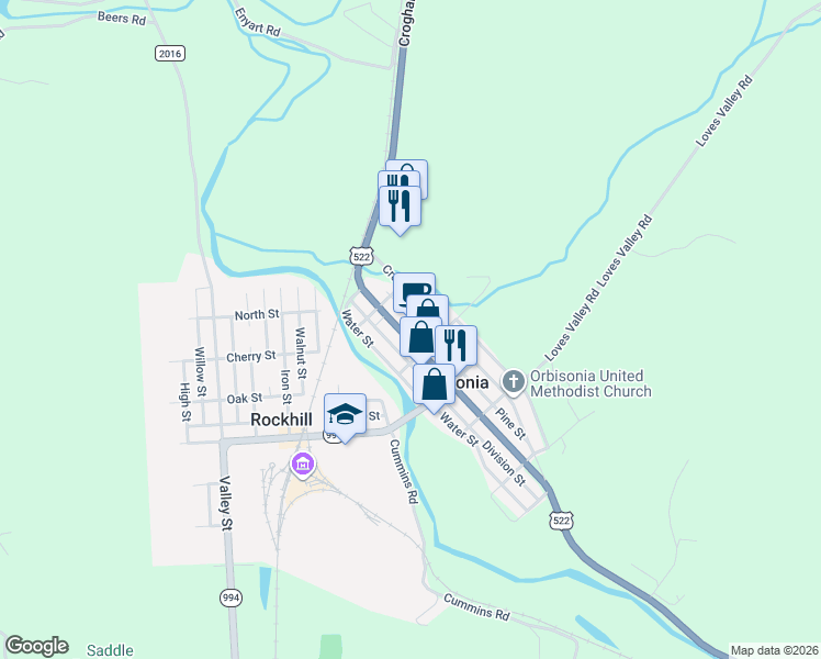 map of restaurants, bars, coffee shops, grocery stores, and more near Pine St in Orbisonia