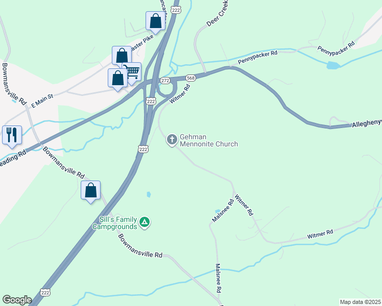 map of restaurants, bars, coffee shops, grocery stores, and more near 128 Witmer Road in Reinholds