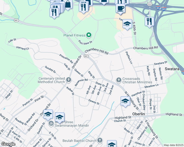 map of restaurants, bars, coffee shops, grocery stores, and more near 907 King Street in Harrisburg