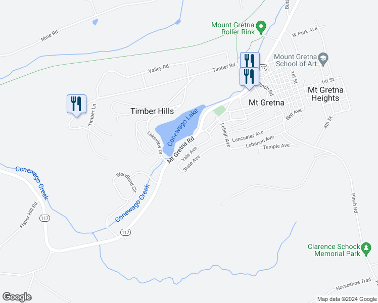 map of restaurants, bars, coffee shops, grocery stores, and more near 417 Yale Avenue in Mount Gretna