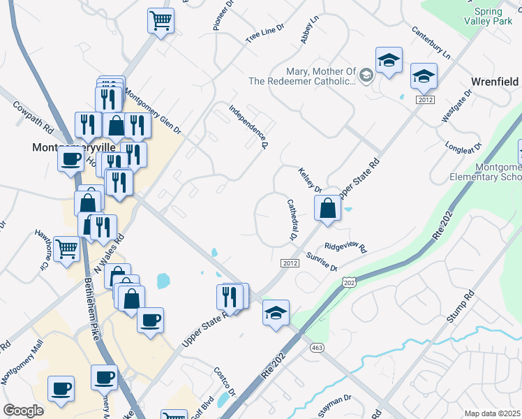 map of restaurants, bars, coffee shops, grocery stores, and more near 101 Brittany Place in North Wales