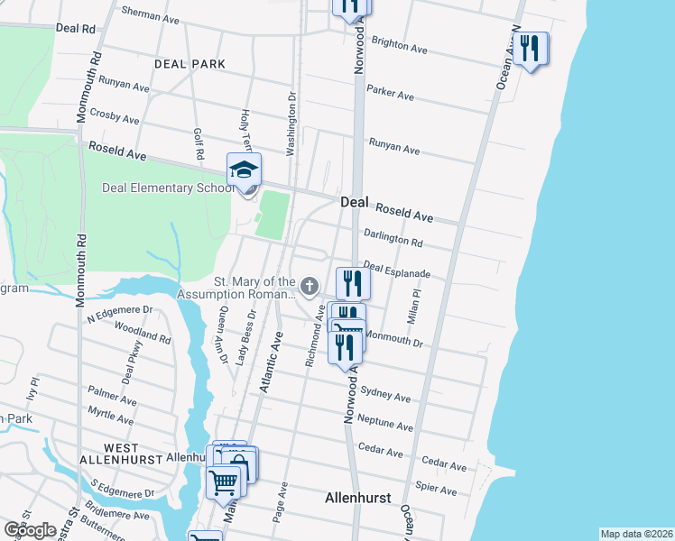map of restaurants, bars, coffee shops, grocery stores, and more near in Deal