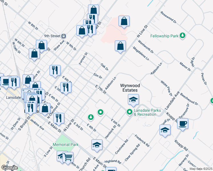 map of restaurants, bars, coffee shops, grocery stores, and more near 156 Addison Lane in Lansdale