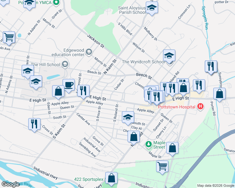 map of restaurants, bars, coffee shops, grocery stores, and more near 51 Cedar Street in Pottstown