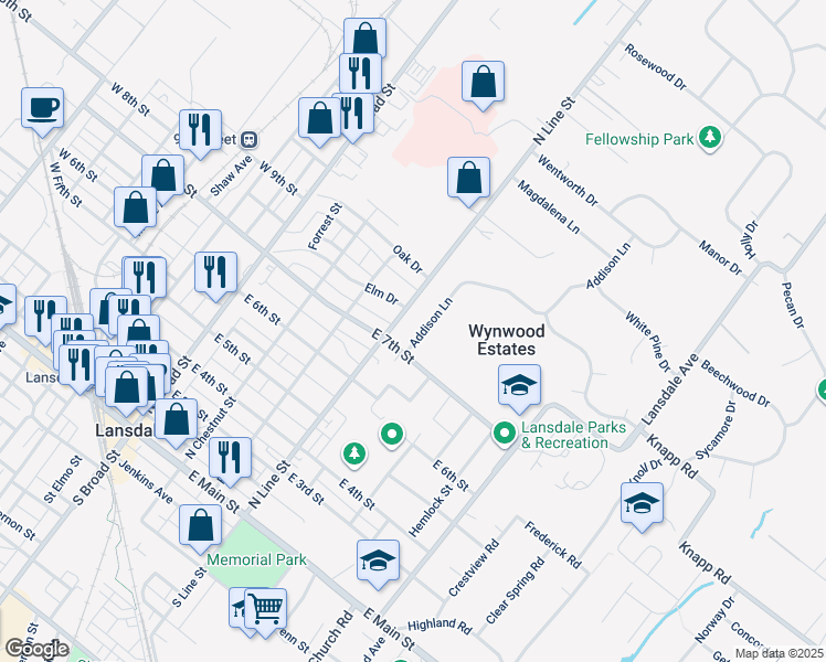 map of restaurants, bars, coffee shops, grocery stores, and more near 156 Addison Lane in Lansdale