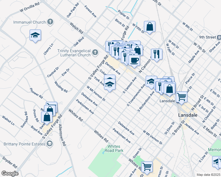 map of restaurants, bars, coffee shops, grocery stores, and more near 701 York Avenue in Lansdale