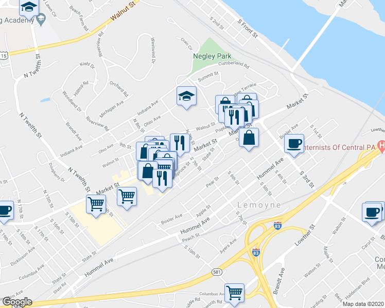 map of restaurants, bars, coffee shops, grocery stores, and more near 690 Market Street in Lemoyne