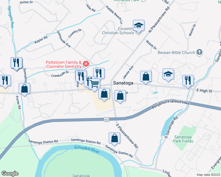map of restaurants, bars, coffee shops, grocery stores, and more near 17 South Pleasantview Road in Pottstown