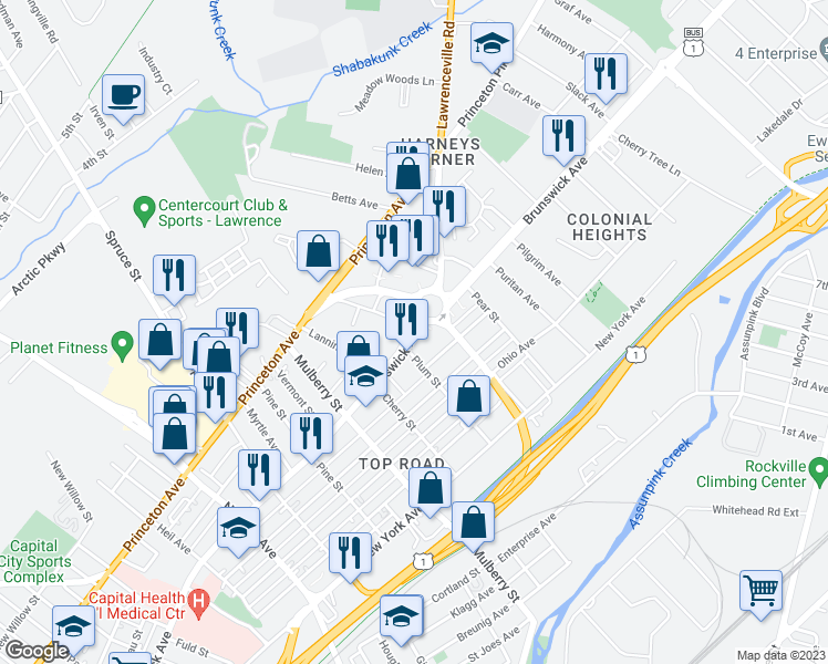 map of restaurants, bars, coffee shops, grocery stores, and more near 1502 Brunswick Avenue in Trenton
