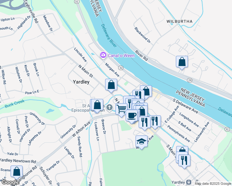 map of restaurants, bars, coffee shops, grocery stores, and more near 84 North Main Street in Yardley