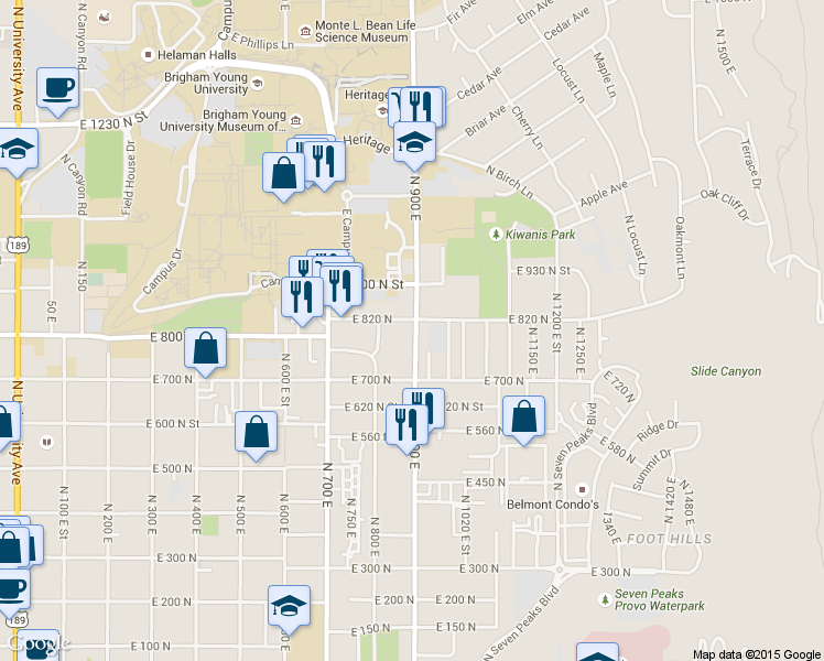 map of restaurants, bars, coffee shops, grocery stores, and more near 873 East 820 North in Provo