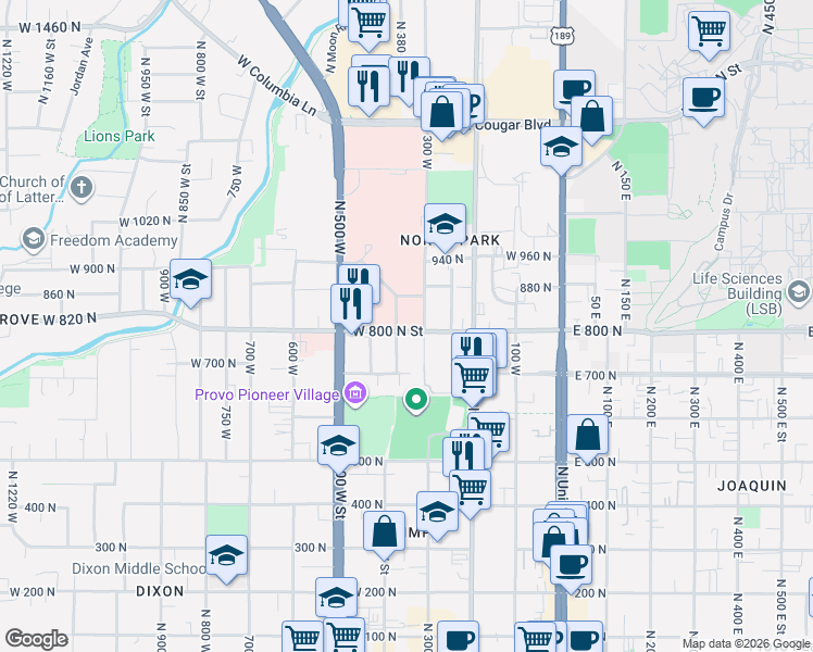 map of restaurants, bars, coffee shops, grocery stores, and more near 360 West 800 North Street in Provo