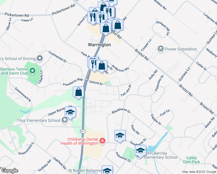 map of restaurants, bars, coffee shops, grocery stores, and more near 1213 Suzann Drive in Warrington