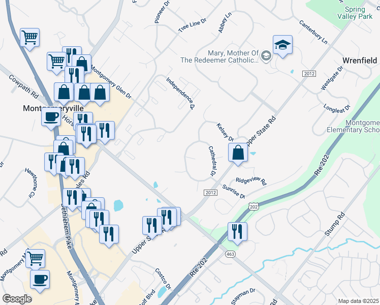 map of restaurants, bars, coffee shops, grocery stores, and more near 101 Brittany Place in North Wales
