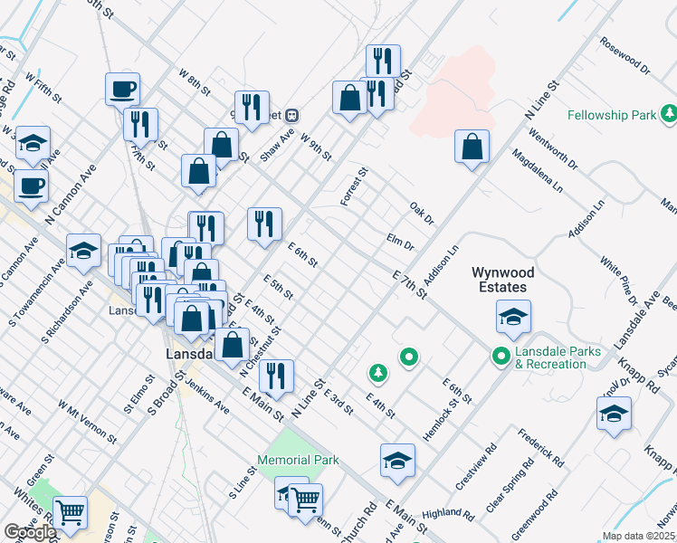 map of restaurants, bars, coffee shops, grocery stores, and more near 47 East 6th Street in Lansdale