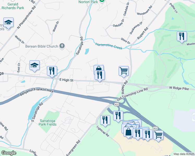 map of restaurants, bars, coffee shops, grocery stores, and more near 1885 East High Street in Pottstown