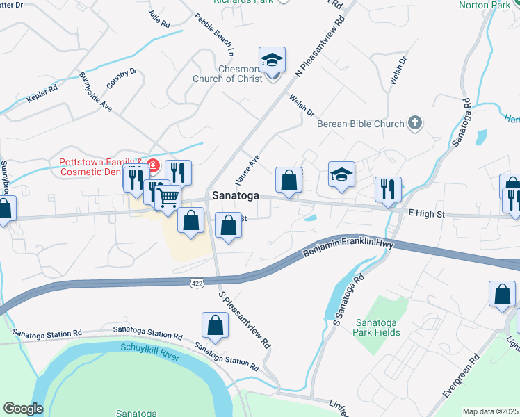 map of restaurants, bars, coffee shops, grocery stores, and more near 2330 East High Street in Pottstown