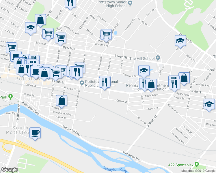 map of restaurants, bars, coffee shops, grocery stores, and more near 640 King Street in Pottstown