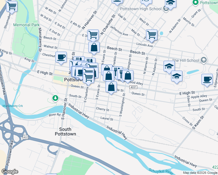 map of restaurants, bars, coffee shops, grocery stores, and more near 364 East High Street in Pottstown