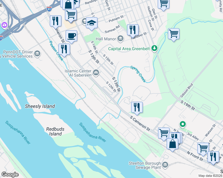map of restaurants, bars, coffee shops, grocery stores, and more near 1515 South 12th Street in Harrisburg