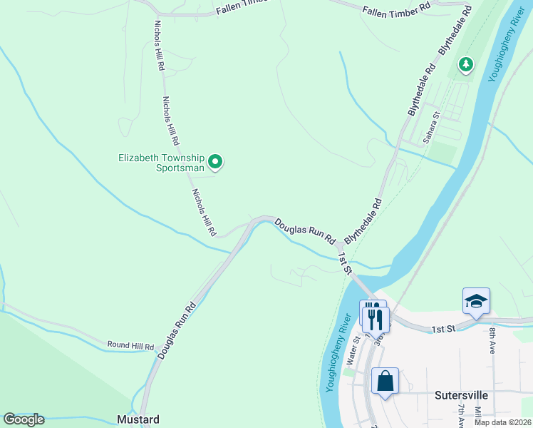 map of restaurants, bars, coffee shops, grocery stores, and more near 2260 Douglas Run Road in Sutersville
