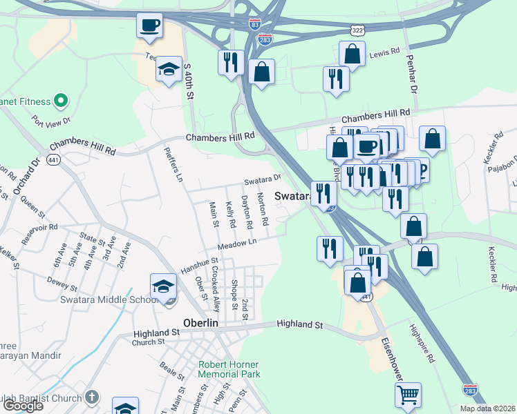 map of restaurants, bars, coffee shops, grocery stores, and more near 1380 Norton Road in Steelton