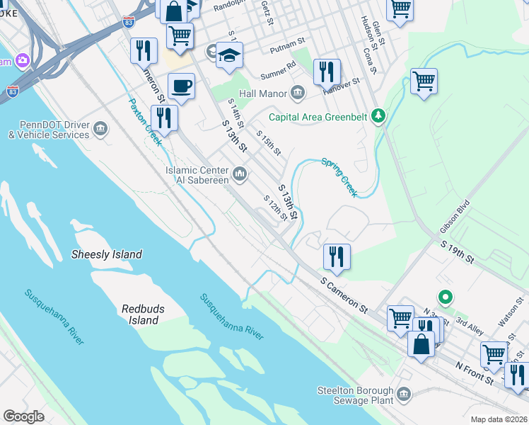 map of restaurants, bars, coffee shops, grocery stores, and more near 1502 Allison Street in Harrisburg