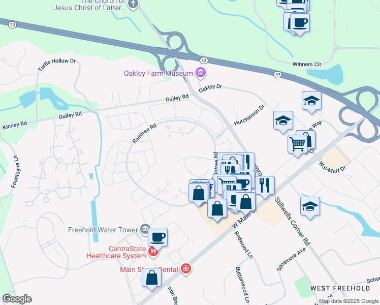 map of restaurants, bars, coffee shops, grocery stores, and more near 43 Greenwood Drive in Freehold