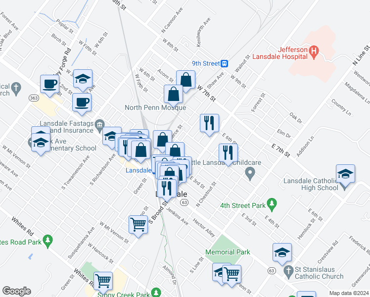 map of restaurants, bars, coffee shops, grocery stores, and more near 35 West 4th Street in Lansdale