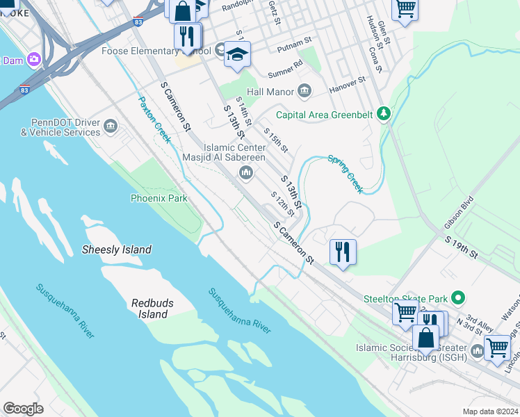 map of restaurants, bars, coffee shops, grocery stores, and more near 1501 South Cameron Street in Harrisburg