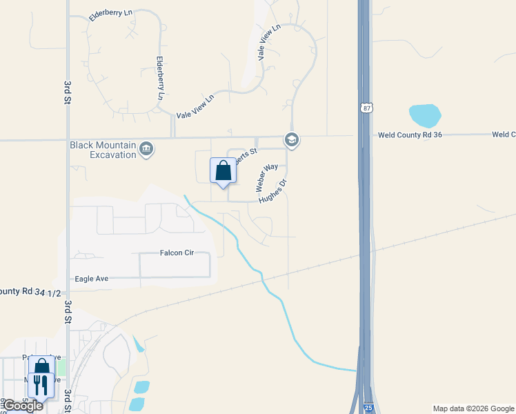 map of restaurants, bars, coffee shops, grocery stores, and more near 16808 Weber Way in Mead