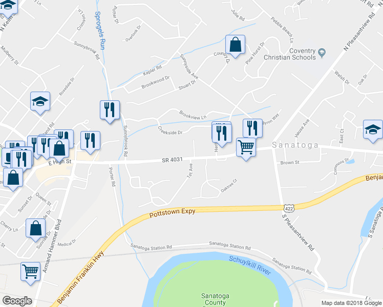map of restaurants, bars, coffee shops, grocery stores, and more near 2103 East High Street in Pottstown