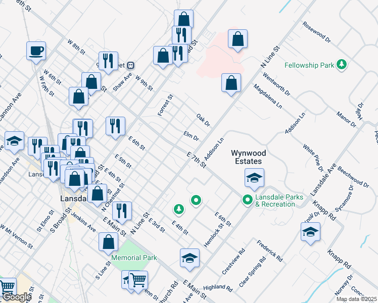 map of restaurants, bars, coffee shops, grocery stores, and more near 233 East 7th Street in Lansdale