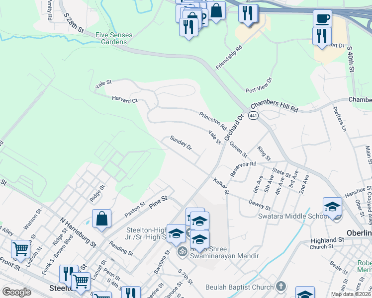 map of restaurants, bars, coffee shops, grocery stores, and more near 511 Sunday Drive in Harrisburg
