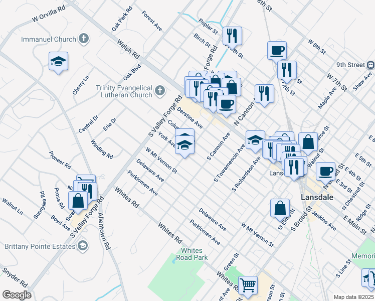 map of restaurants, bars, coffee shops, grocery stores, and more near 701 York Avenue in Lansdale