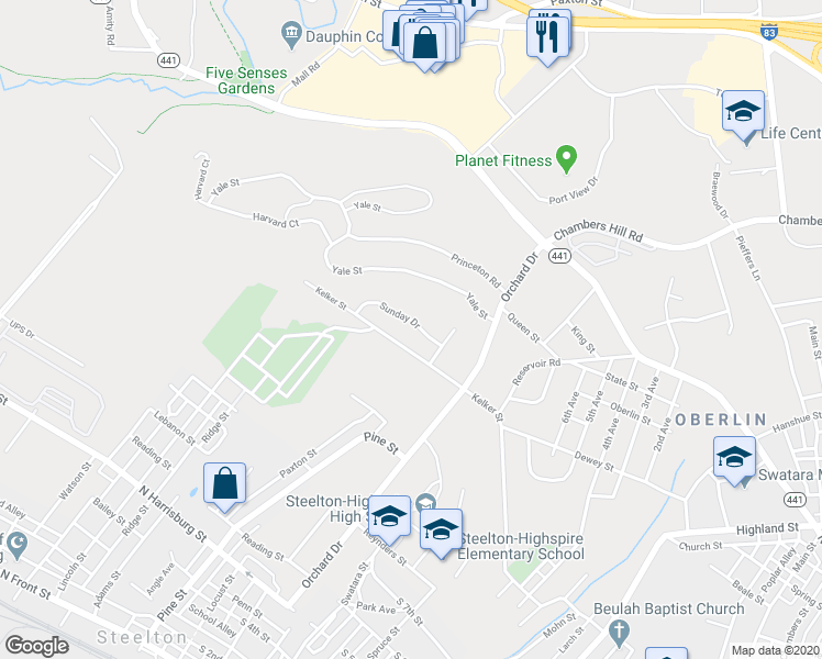 map of restaurants, bars, coffee shops, grocery stores, and more near 489 Sunday Drive in Harrisburg