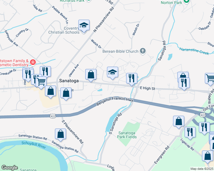 map of restaurants, bars, coffee shops, grocery stores, and more near 2530 East High Street in Sanatoga
