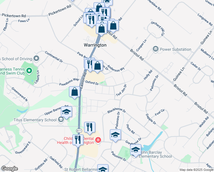 map of restaurants, bars, coffee shops, grocery stores, and more near 1213 Suzann Drive in Warrington