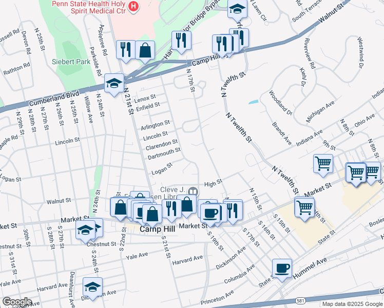 map of restaurants, bars, coffee shops, grocery stores, and more near 1705 Linewood Drive in Camp Hill