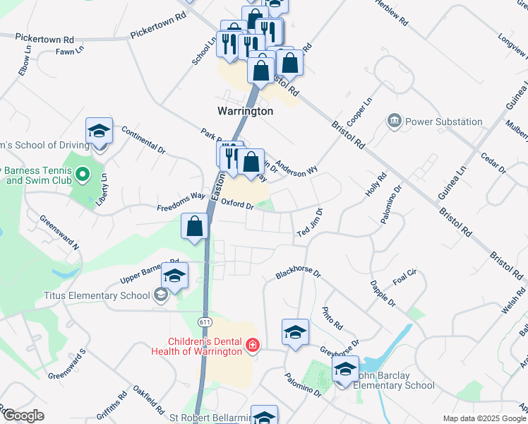 map of restaurants, bars, coffee shops, grocery stores, and more near 1107 Vincent Road in Warrington