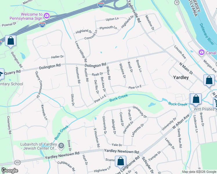 map of restaurants, bars, coffee shops, grocery stores, and more near 15 Wilbur Road in Yardley