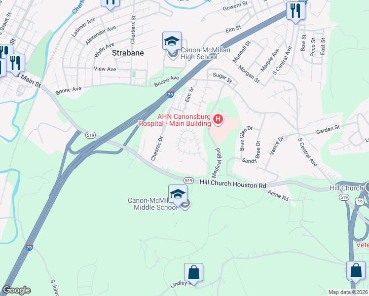 map of restaurants, bars, coffee shops, grocery stores, and more near 125 Sedeca Drive in Canonsburg