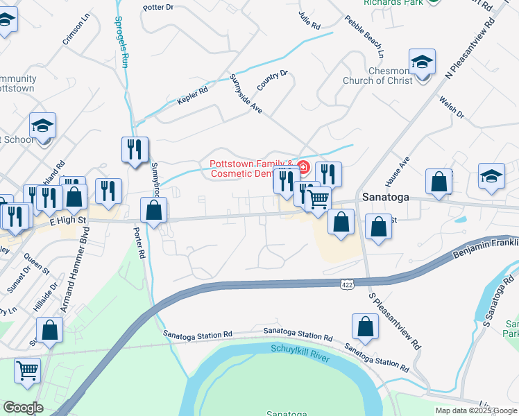 map of restaurants, bars, coffee shops, grocery stores, and more near 2117 East High Street in Pottstown