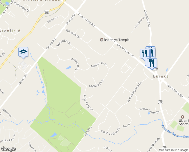 map of restaurants, bars, coffee shops, grocery stores, and more near 104 Swan Court in North Wales