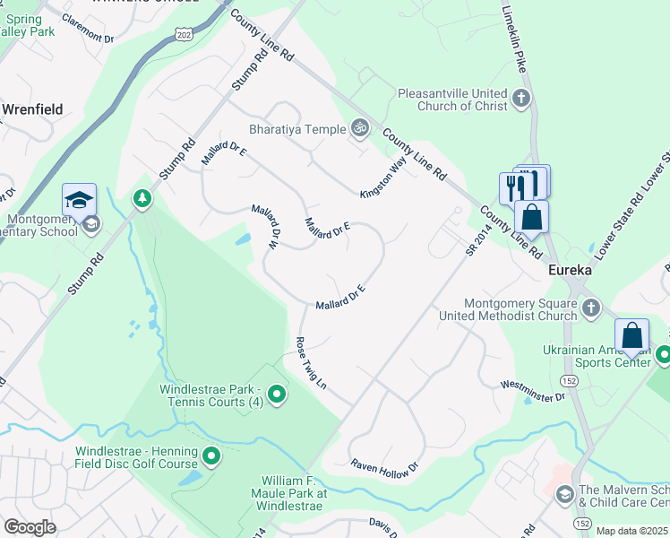 map of restaurants, bars, coffee shops, grocery stores, and more near 104 Swan Court in North Wales