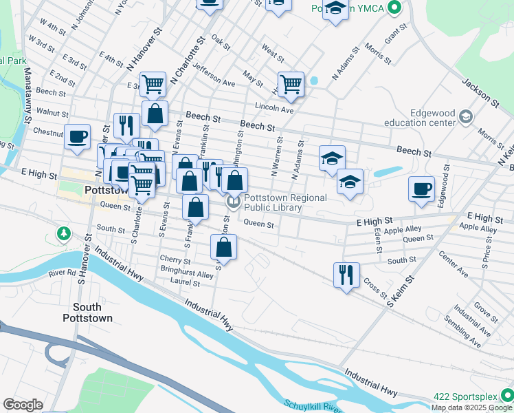 map of restaurants, bars, coffee shops, grocery stores, and more near 539 East High Street in Pottstown